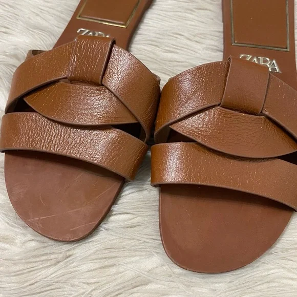Zara Flat Crossed Brown Leather Sandals Slip On Open Toe Flats Boho Resortwear - Picture 4 of 11